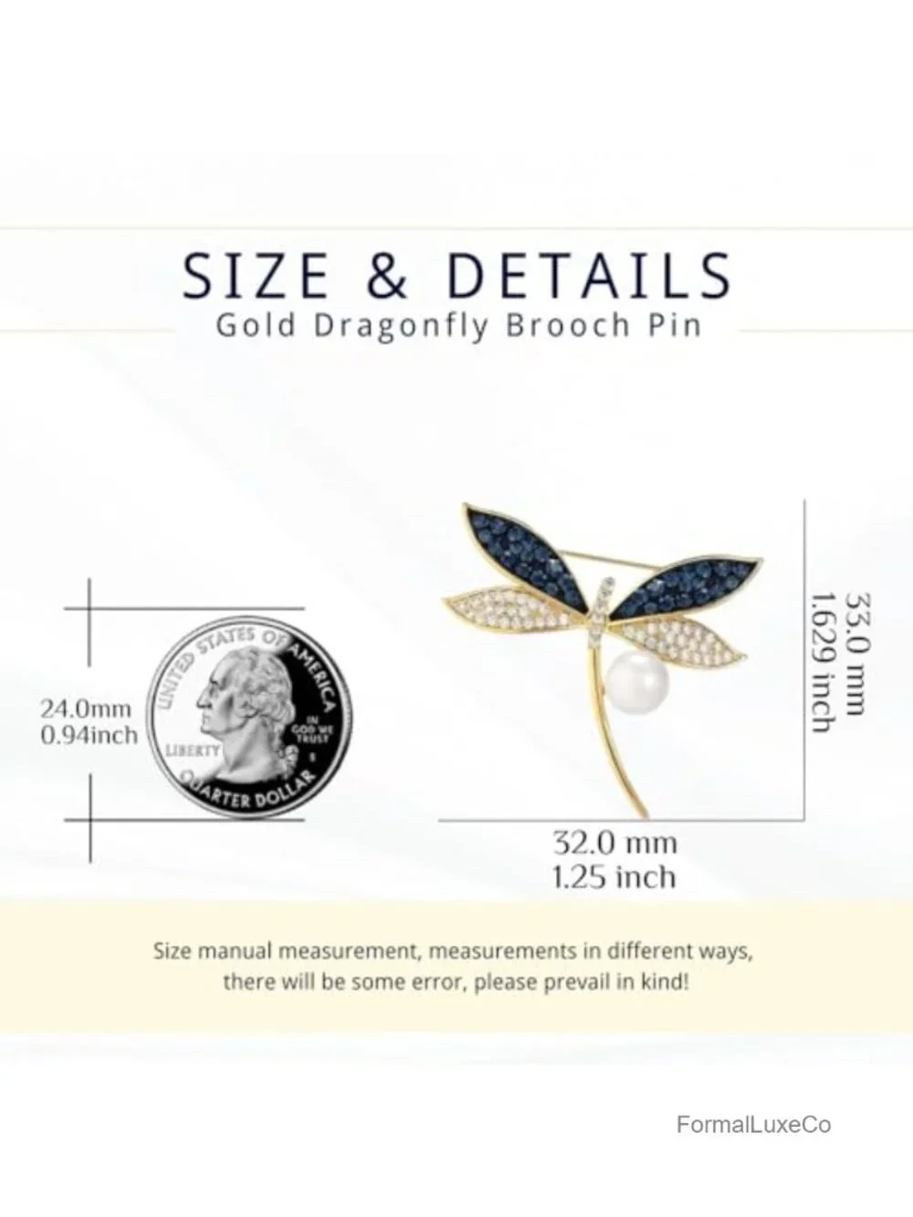 Dragonfly Brooch Pin, 18k Gold-Plated Copper, Pearl Rhinestone Crystal Brooches